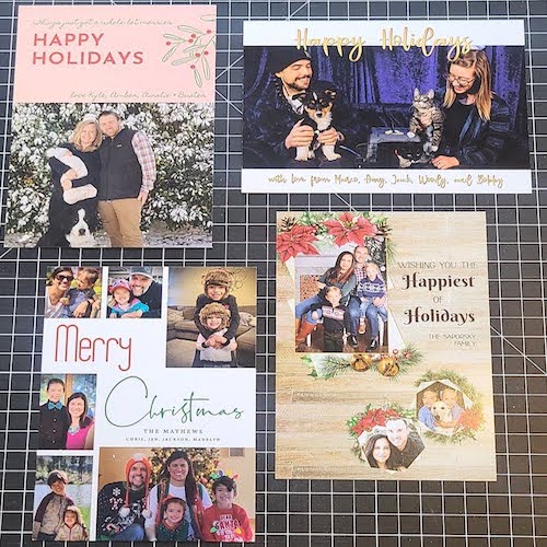 pictured are four holiday cards with cute pictures of familys and animals.
