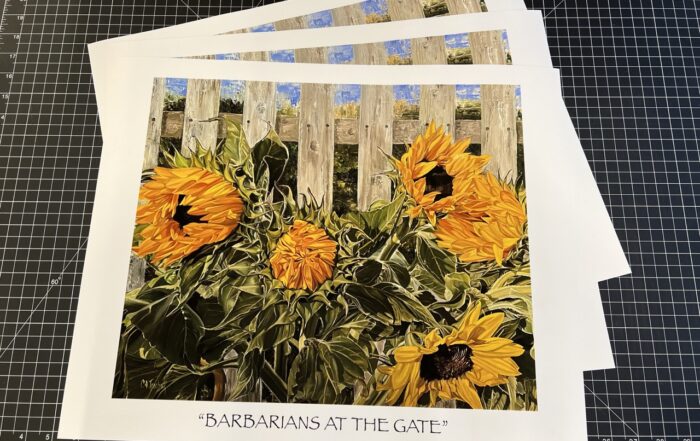 painting of sunflowers in front of a white picket fence